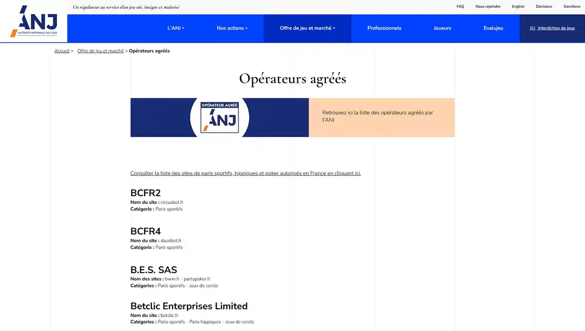 Page officielle de l'ANJ presentant la liste des operateurs agrees en France