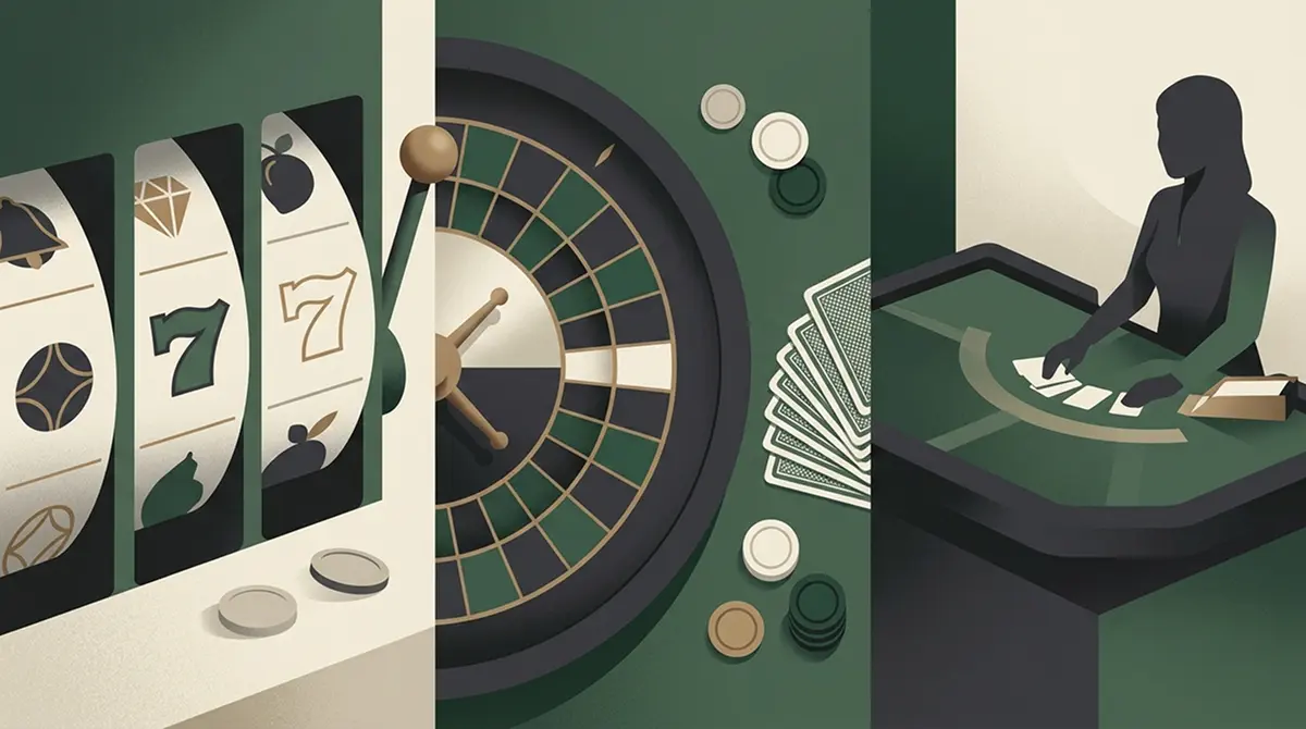 Machines a sous, roulette, cartes et table de casino en direct dans une illustration generique