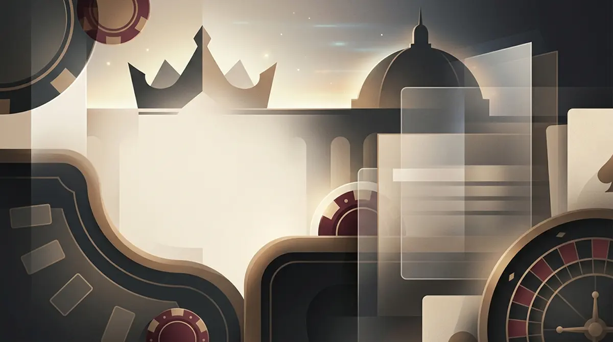 Illustration d'un univers de casino numerique avec formes royales abstraites et tables de jeu generiques